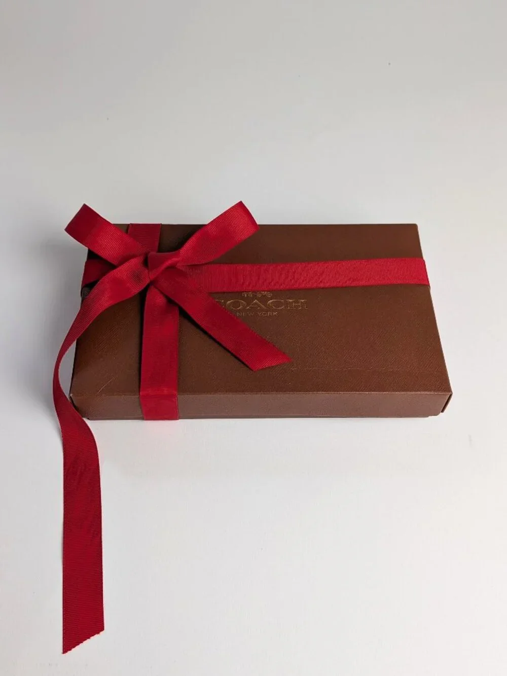 Authentic Coach Brown Wallet Gift Box Set with Red Ribbon, Tissue & Sticker